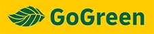 GoGreen logo with stylized green leaf and bold text on a yellow background, promoting eco-friendly brand identity.
