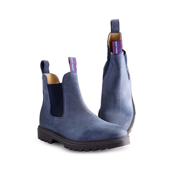 Men’s blue suede Chelsea boots with black elastic side panels and rugged soles, displayed in a front-angled pair view.