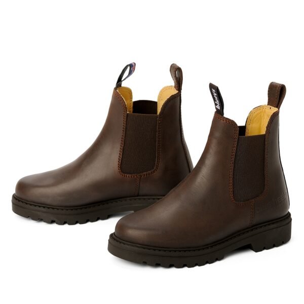Pair of brown leather Chelsea boots with elastic side panels and pull tabs, shown in angled front-side view on white background.