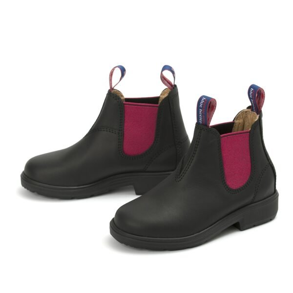 Pair of black Chelsea boots with pink side panels and Blue Heeler branding, displayed in front-angle view for both shoes.