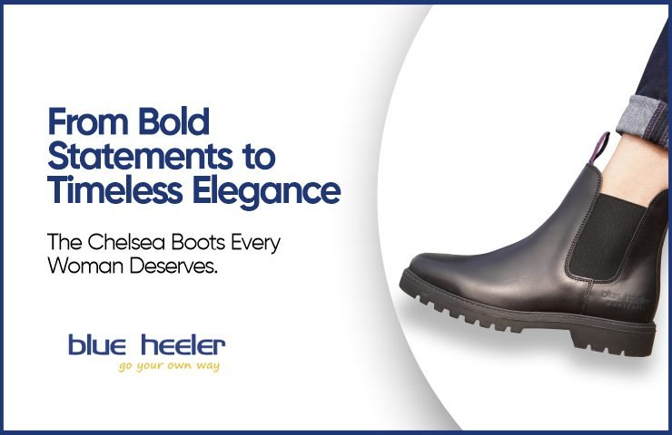 Women’s black leather Chelsea boots with rugged soles, side elastic panels, and ankle-high cut—styled with cuffed jeans.