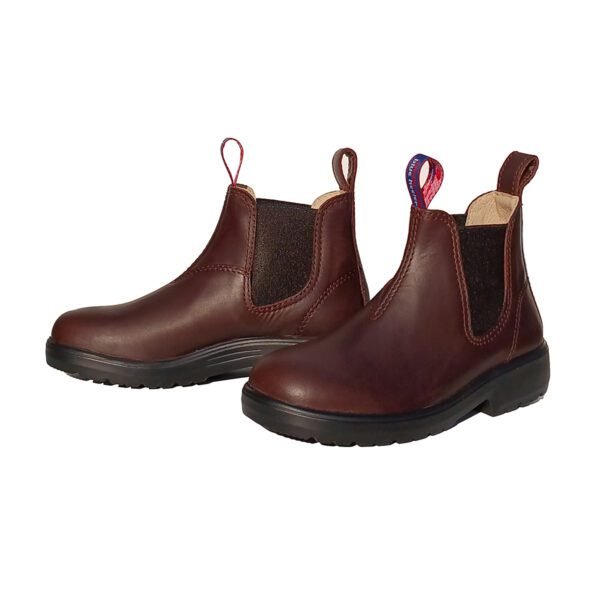 Angled front view of kids’ chestnut brown Chelsea boots with elastic sides and pull tabs – Outback style by Blue Heeler.